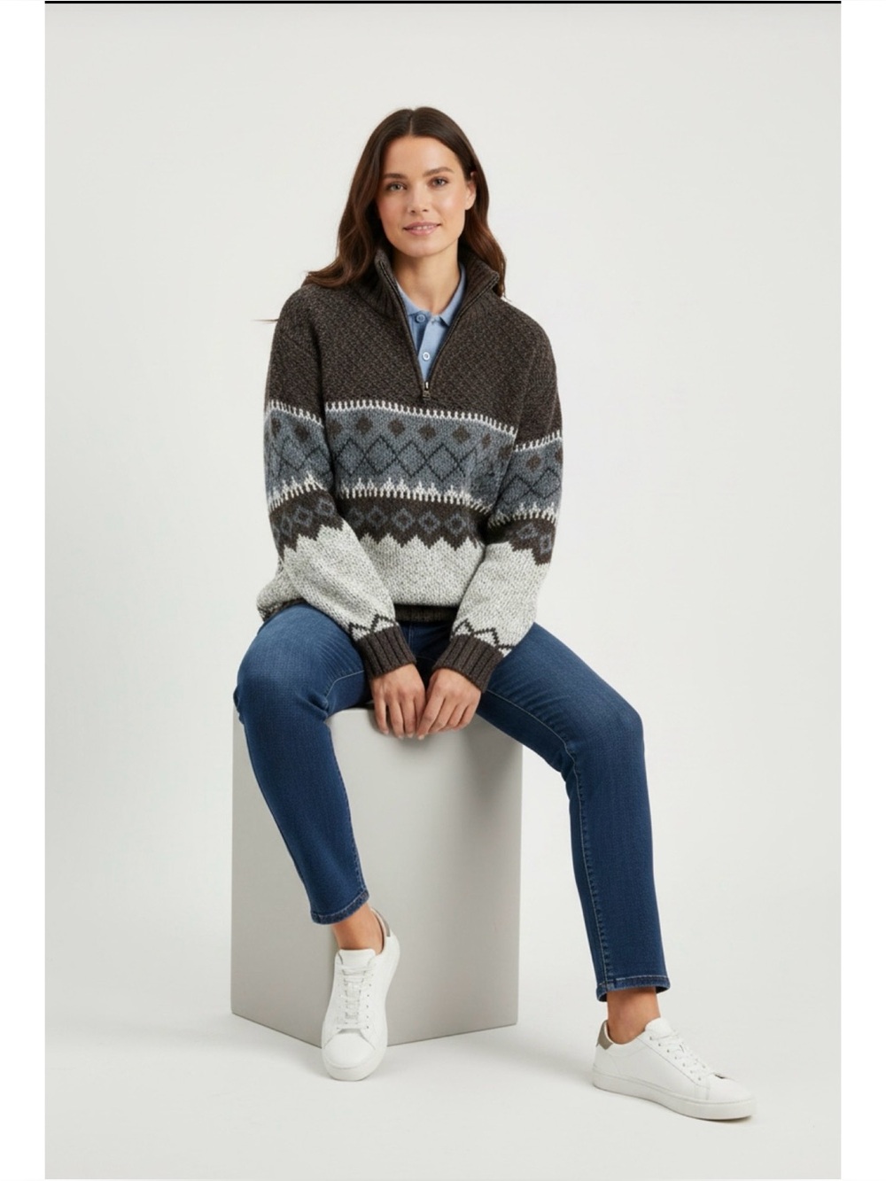 Men's Unisex Brown Fair Isle Mock Neck Ramie Blend  Thick Sweater Size: XLT
